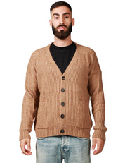 CARDIGAN UOMO OFFICINA 36 CAMMELO CON BOTTONI A CONTRASTO, POLSI E ORLI A COSTINE IN MISTO LANA E ALPACA