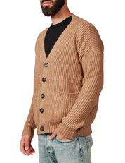 CARDIGAN UOMO OFFICINA 36 CAMMELO CON BOTTONI A CONTRASTO, POLSI E ORLI A COSTINE IN MISTO LANA E ALPACA