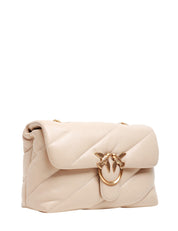 BORSA PINKO BEIGE CLASSIC LOVE BAG PUFF IN NAPPA TRAPUNTATA CON FIBBIA LOVE BIRDS E CATENA ORO