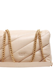 BORSA PINKO BEIGE CLASSIC LOVE BAG PUFF IN NAPPA TRAPUNTATA CON FIBBIA LOVE BIRDS E CATENA ORO