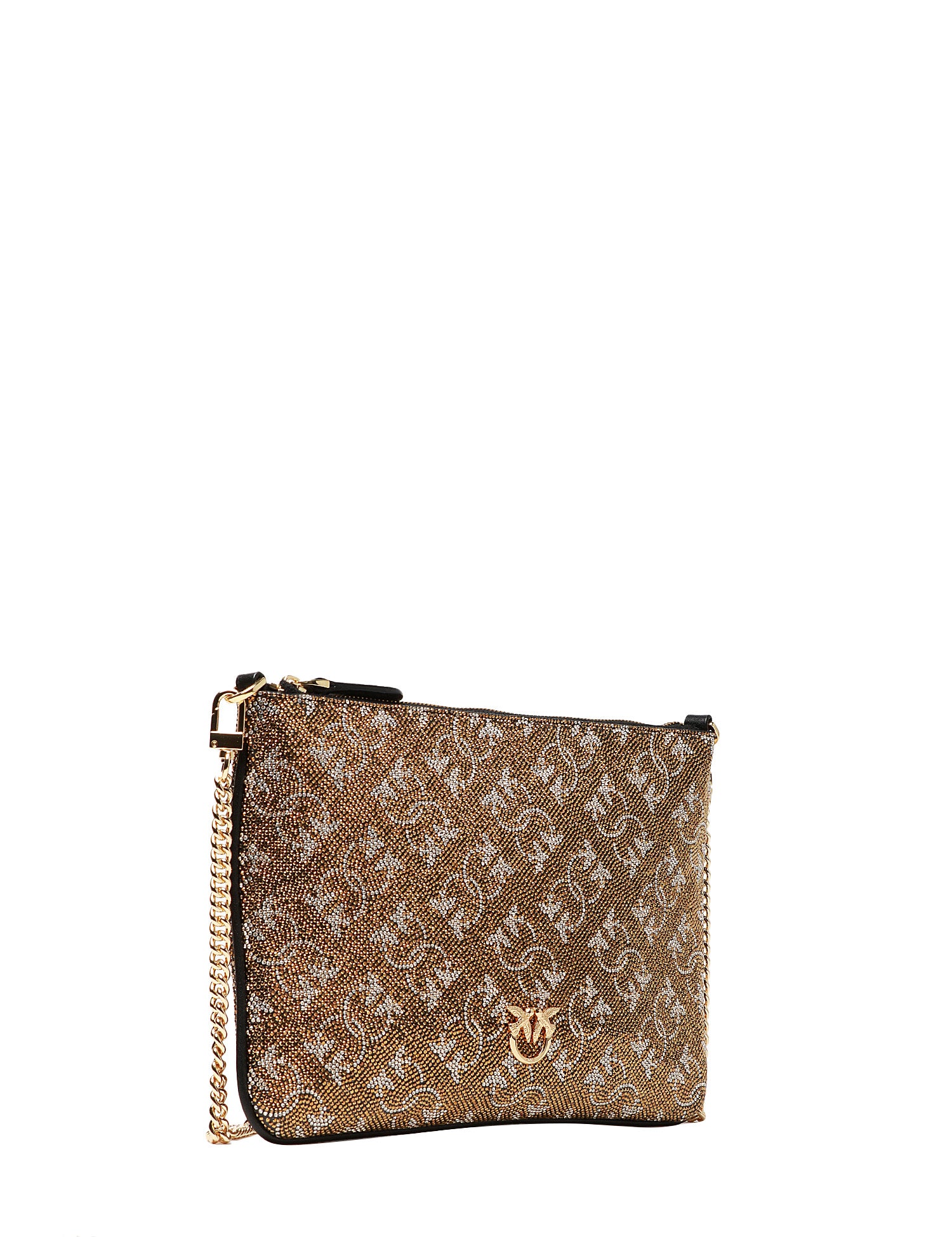 BORSA PINKO LOGATA CON STRASS BRONZO/ORO ALL-OVER E TRACOLLA A CATENA METALLICA REMOVIBILE