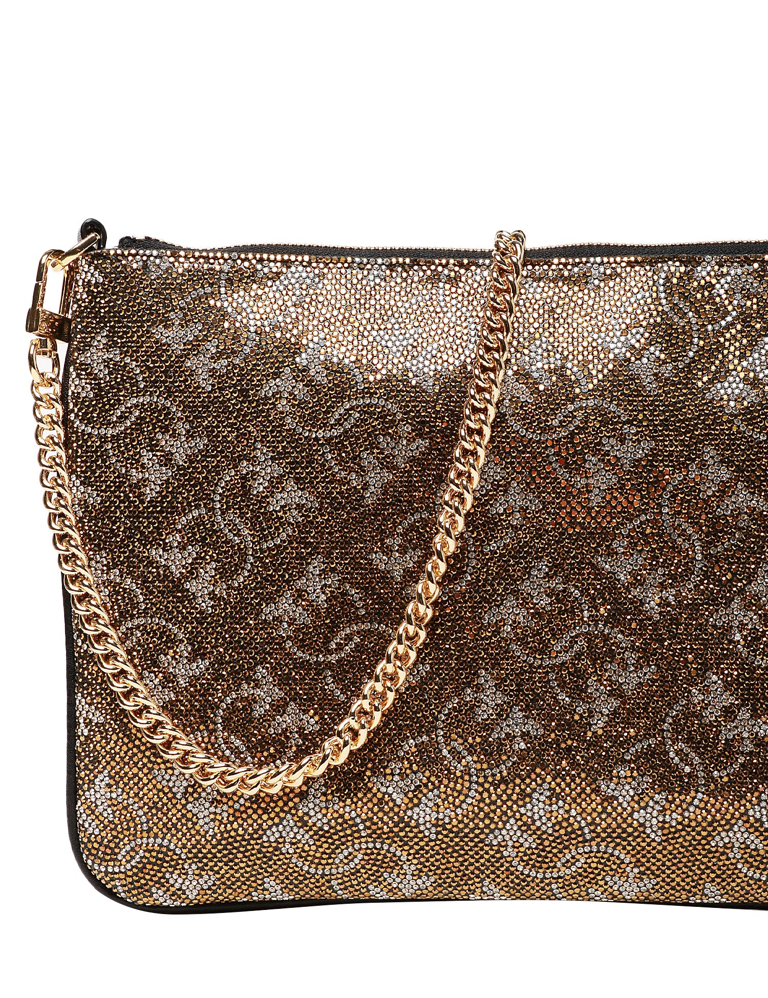 BORSA PINKO LOGATA CON STRASS BRONZO/ORO ALL-OVER E TRACOLLA A CATENA METALLICA REMOVIBILE