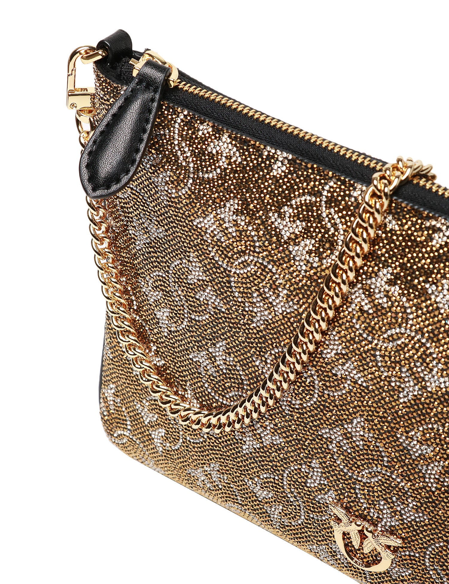 BORSA PINKO LOGATA CON STRASS BRONZO/ORO ALL-OVER E TRACOLLA A CATENA METALLICA REMOVIBILE