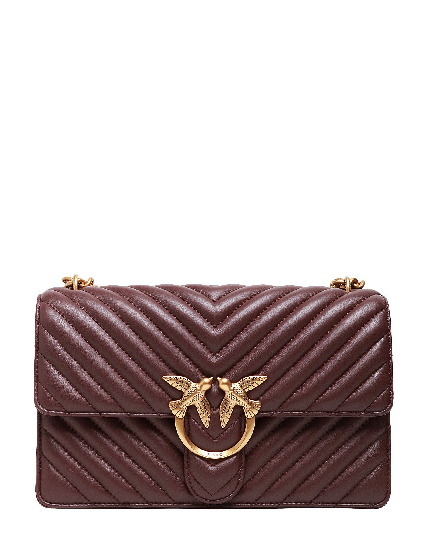 BORSA PINKO MARRONA CLASSIC LOVE BAG ONE IN NAPPA TRAPUNTATA CHEVRON CON FIBBIA E CATENA ORO