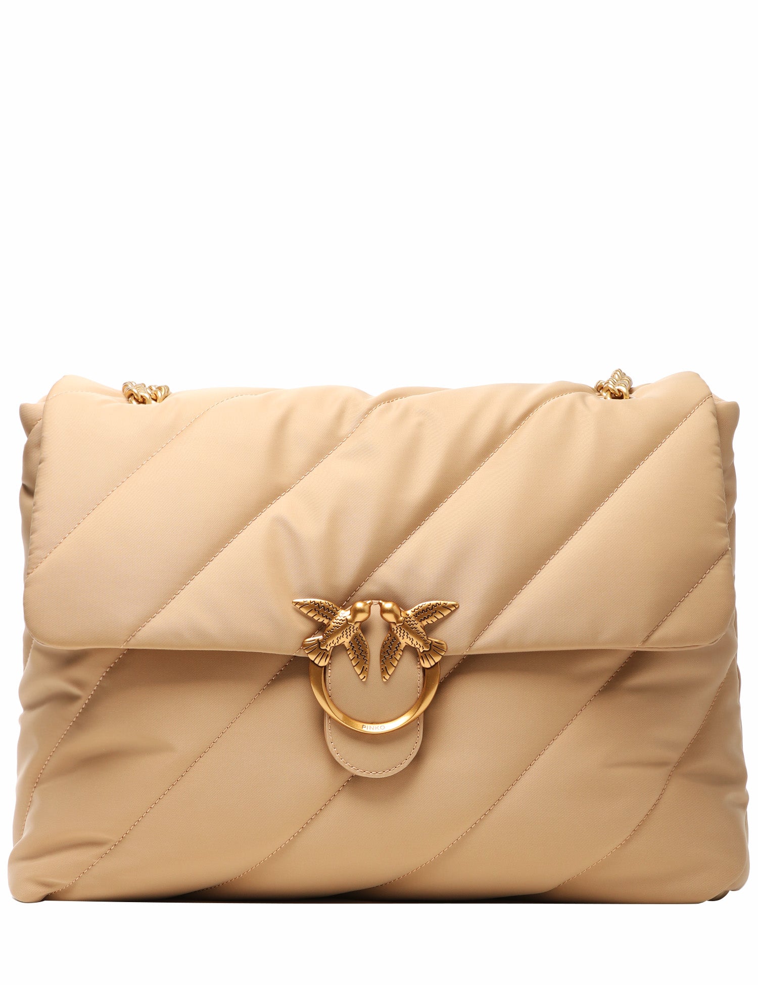 BORSA PINKO EXTRA LOVE BAG PUFF BEIGE IN TESSUTO RICICLATO TRAPUNTATO CON FIBBIA LOVE BIRDS E TRACOLLA ORO