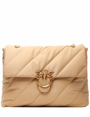 BORSA PINKO EXTRA LOVE BAG PUFF BEIGE IN TESSUTO RICICLATO TRAPUNTATO CON FIBBIA LOVE BIRDS E TRACOLLA ORO