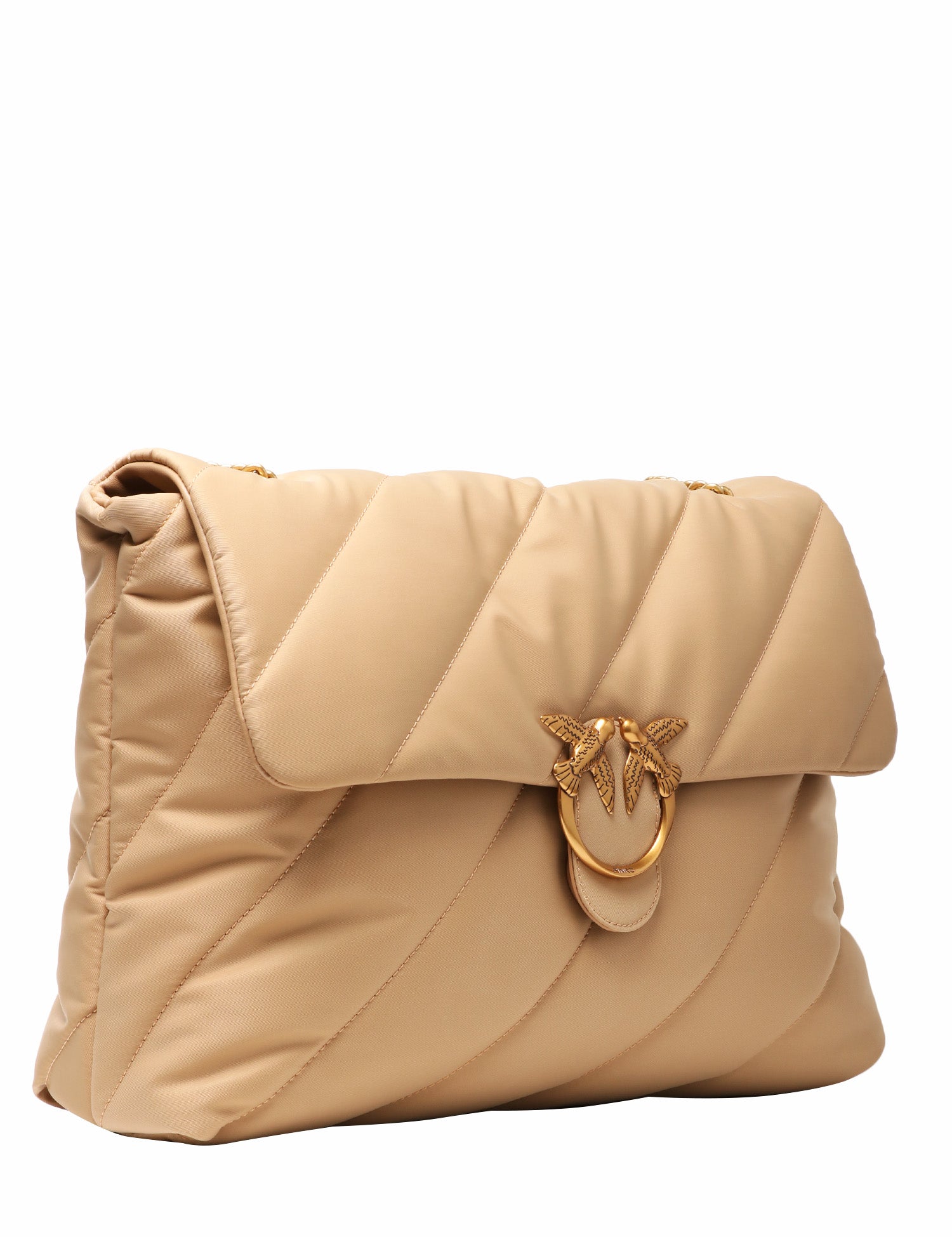 BORSA PINKO EXTRA LOVE BAG PUFF BEIGE IN TESSUTO RICICLATO TRAPUNTATO CON FIBBIA LOVE BIRDS E TRACOLLA ORO