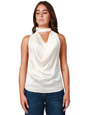 TOP DONNA PINKO BIANCO SENZA MANICHE CON COLLO ALTO E SCOLLO A V IN TESSUTO SATIN CON EFFETTO DRAPPEGGIATO DAVANTI