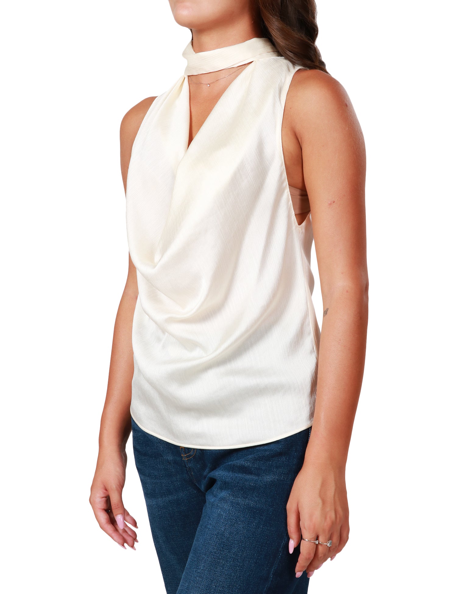 TOP DONNA PINKO BIANCO SENZA MANICHE CON COLLO ALTO E SCOLLO A V IN TESSUTO SATIN CON EFFETTO DRAPPEGGIATO DAVANTI