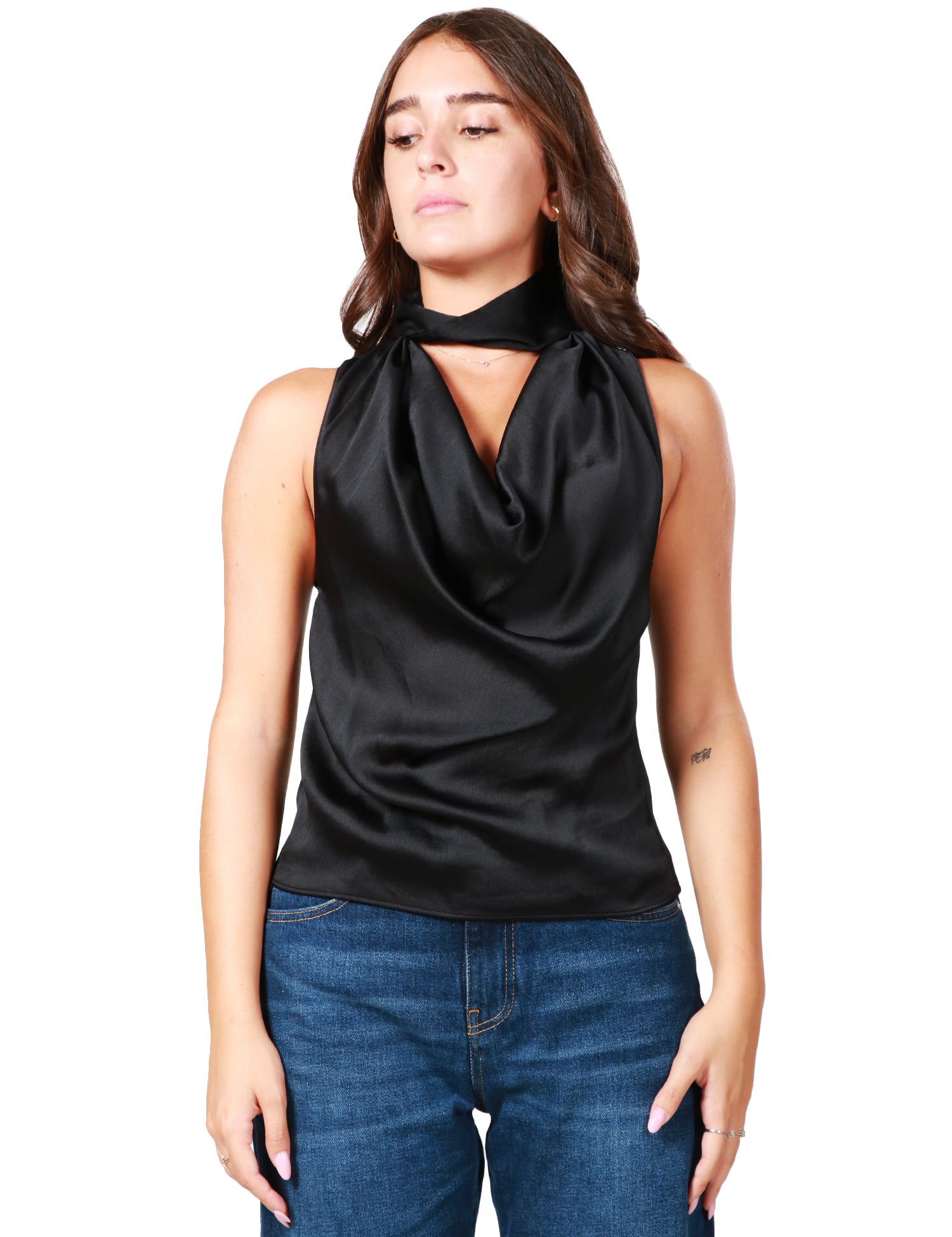 TOP DONNA PINKO NERO SENZA MANICHE CON COLLO ALTO E SCOLLO A V IN TESSUTO SATIN CON EFFETTO DRAPPEGGIATO DAVANTI