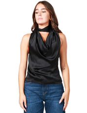 TOP DONNA PINKO NERO SENZA MANICHE CON COLLO ALTO E SCOLLO A V IN TESSUTO SATIN CON EFFETTO DRAPPEGGIATO DAVANTI