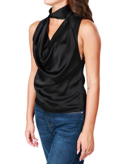 TOP DONNA PINKO NERO SENZA MANICHE CON COLLO ALTO E SCOLLO A V IN TESSUTO SATIN CON EFFETTO DRAPPEGGIATO DAVANTI