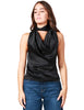 Top donna pinko nero senza maniche con collo alto e scollo a v in tessuto satin con effetto drappeggiato davanti