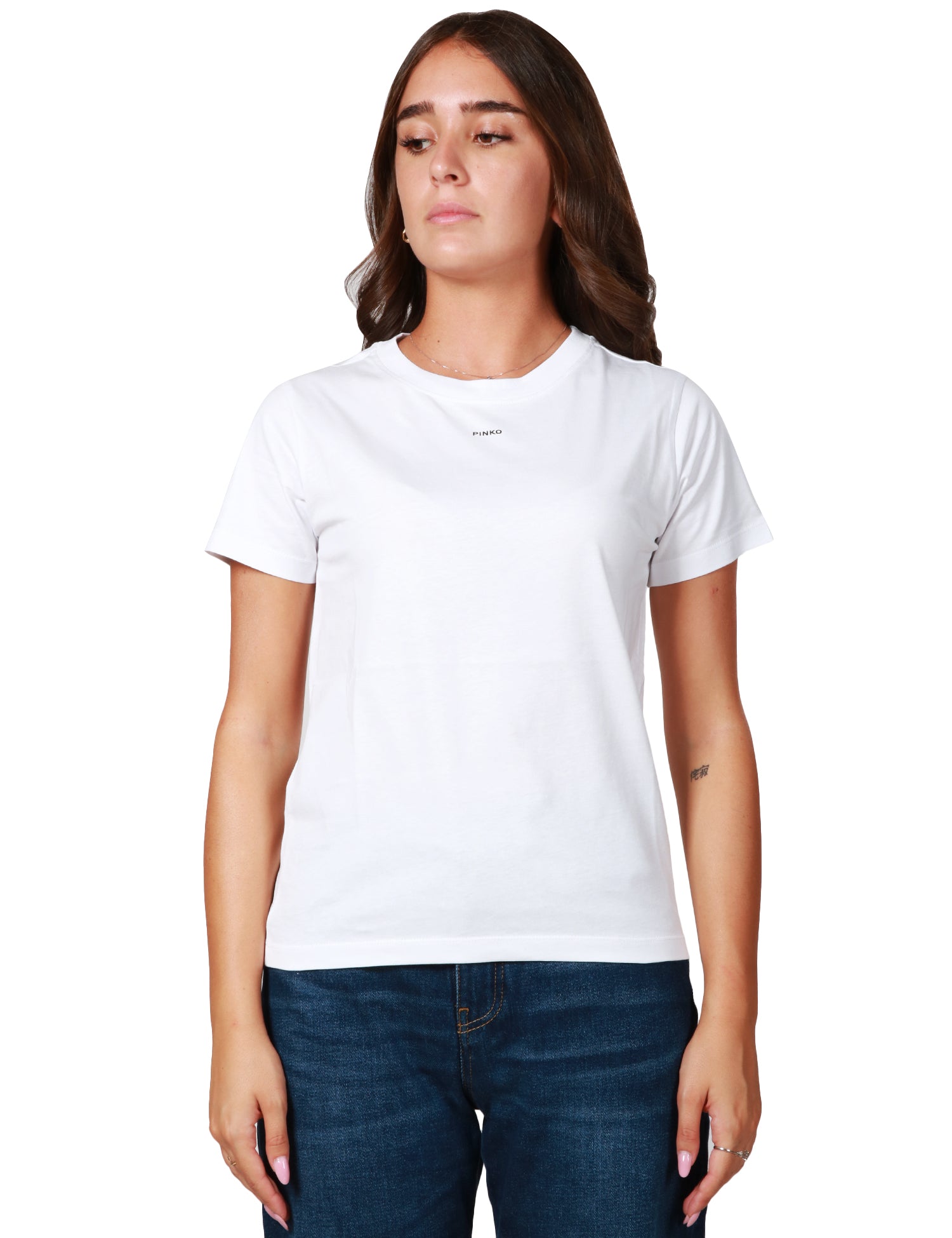 T-SHIRT DONNA PINKO BIANCA GIROCOLLO IN JERSEY DI COTONE CON STAMPA MINI LOGO CENTRALE DAVANTI