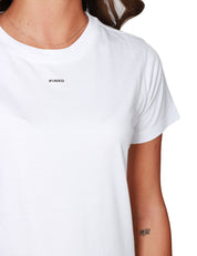 T-SHIRT DONNA PINKO BIANCA GIROCOLLO IN JERSEY DI COTONE CON STAMPA MINI LOGO CENTRALE DAVANTI