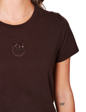 T-SHIRT DONNA PINKO MARRONE GIROCOLLO IN JERSEY DI COTONE CON LOGO LOVE BIRDS RICAMATO DAVANTI