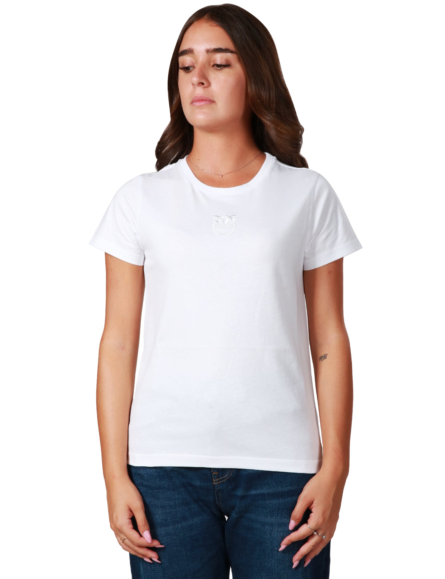 T-SHIRT DONNA PINKO BIANCA GIROCOLLO IN JERSEY DI COTONE CON LOGO LOVE BIRDS RICAMATO DAVANTI