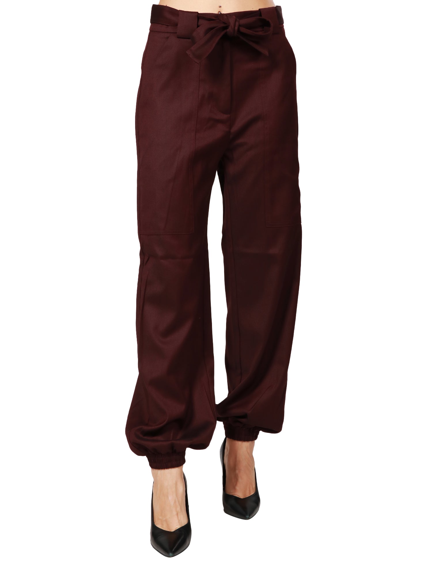 PANTALONE DONNA PINKO BORDEAUX A GAMBA LòEGGERMENTE AMPIA CON POLSINO ELASTICO SUL FONDO E FUSCIACCA IN VITA IN FLANELLA DI MISTO LANA STRETCH