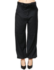 PANTALONE DONNA PINKO NERO A GAMBA LEGGERMENTE AMPIA CON POLSINO ELASTICO SUL FONDO E FUSCIACCA IN VITA IN FLANELLA DI MISTO LANA STRETCH