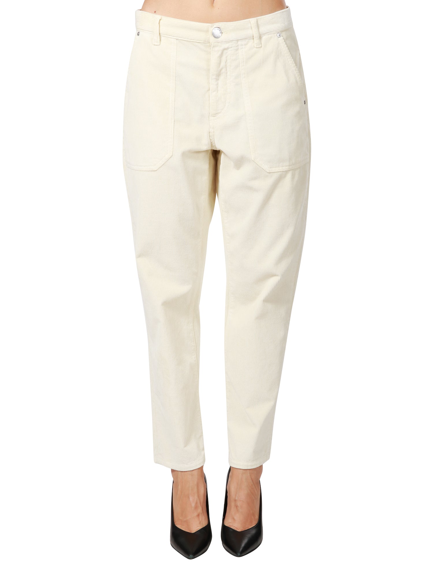 PANTALONE DONNA PINKO BIANCO LATTE MODELLO CHINO A GAMBA DRITTA IN VELLUTO MILLERIGHE CON COSTINE SOTTILI