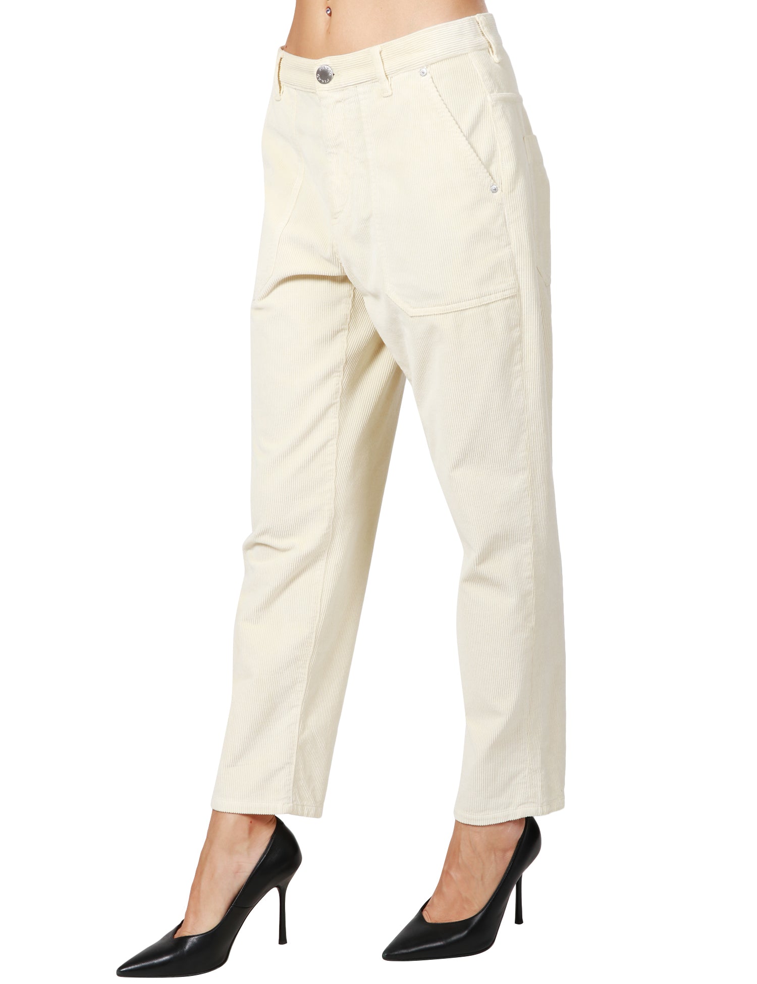 PANTALONE DONNA PINKO BIANCO LATTE MODELLO CHINO A GAMBA DRITTA IN VELLUTO MILLERIGHE CON COSTINE SOTTILI