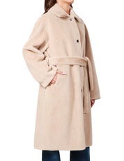 CAPPOTTO DONNA PINKO BEIGE LUNGO AL GINOCCHIO IN TESSUTO EFFETTO PELLICCIA A PELO CORTO CON COLLETTO A CAMICIA, BOTTONI E CINTURA IN VITA