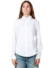 CAMICIA DONNA PINKO BIANCA A MANICA LUNGA CON ORLO STONDATO E RICAMO LOVE BIRDS DAVANTI IN POPELINE DI COTONE STRETCH