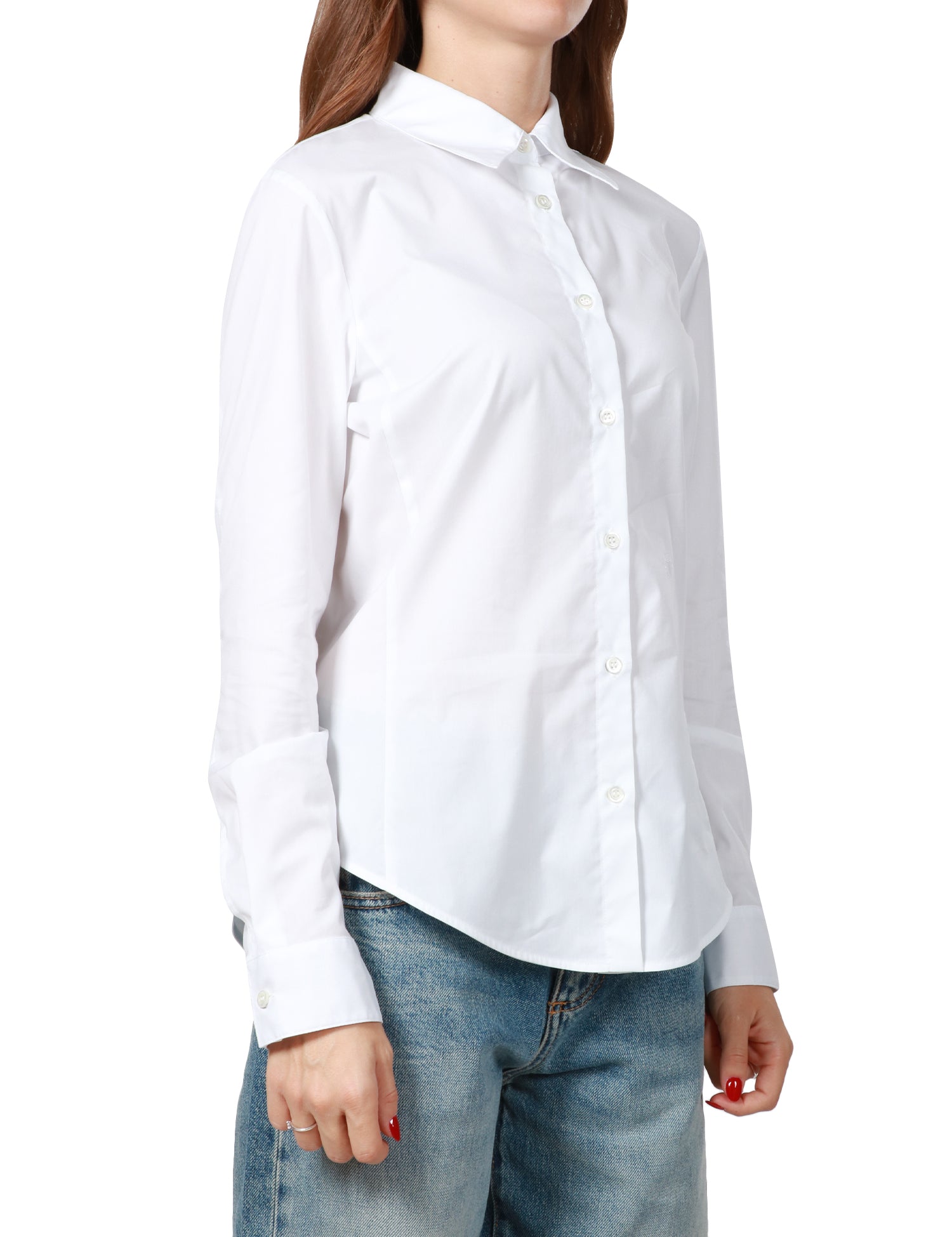 CAMICIA DONNA PINKO BIANCA A MANICA LUNGA CON ORLO STONDATO E RICAMO LOVE BIRDS DAVANTI IN POPELINE DI COTONE STRETCH