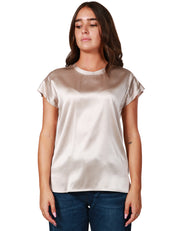 BLUSA DONNA PINKO BEIGE A MANICA CORTA E SCOLLO TONDO IN SATIN DI MISTO SETA STRETCH