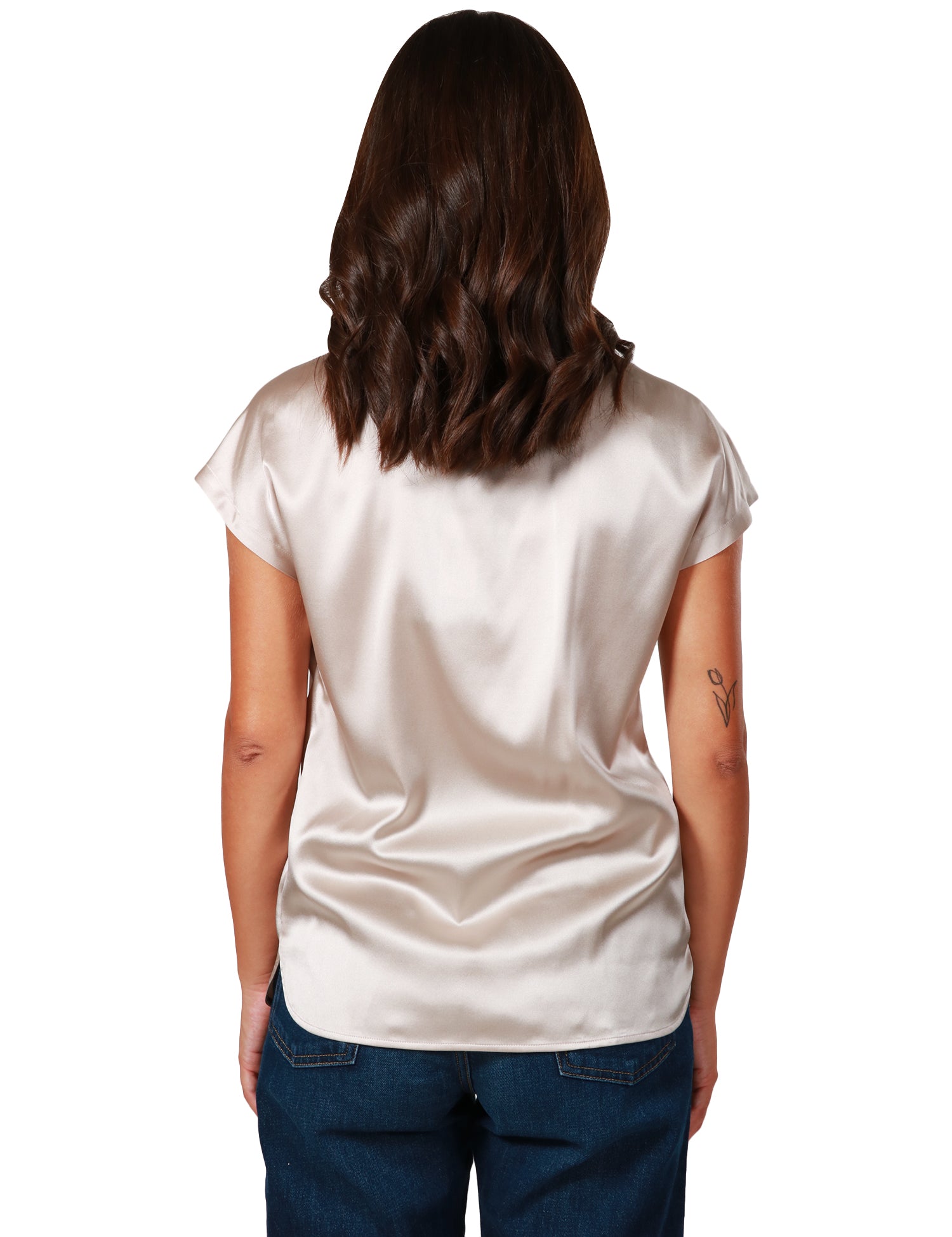 BLUSA DONNA PINKO BEIGE A MANICA CORTA E SCOLLO TONDO IN SATIN DI MISTO SETA STRETCH