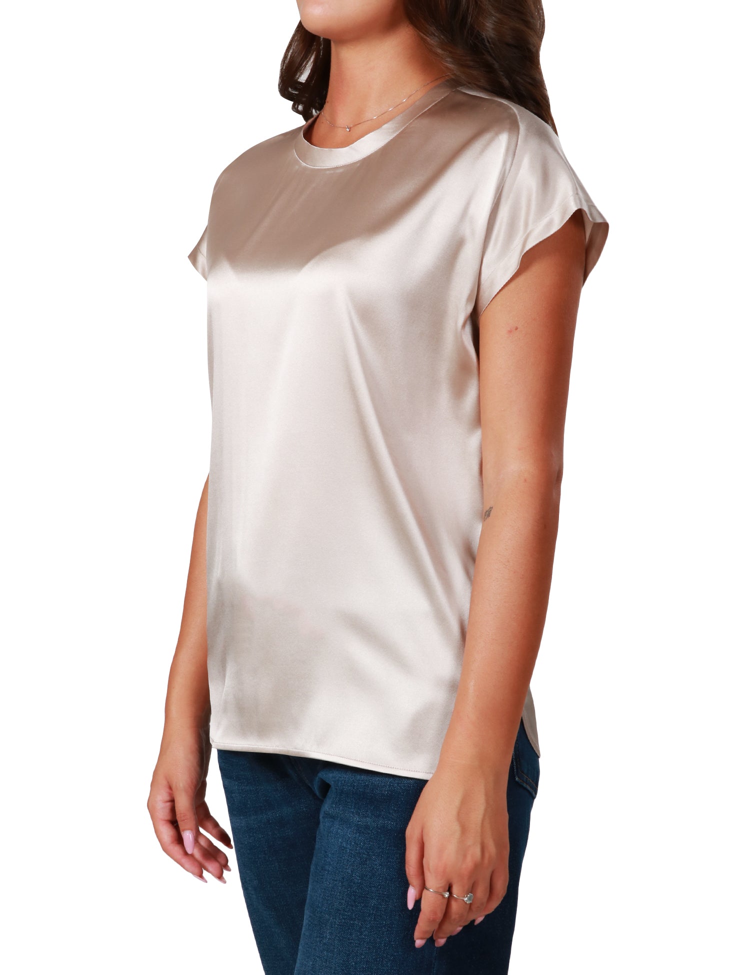 BLUSA DONNA PINKO BEIGE A MANICA CORTA E SCOLLO TONDO IN SATIN DI MISTO SETA STRETCH