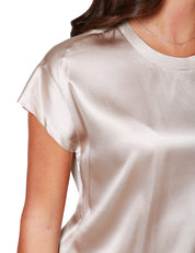 BLUSA DONNA PINKO BEIGE A MANICA CORTA E SCOLLO TONDO IN SATIN DI MISTO SETA STRETCH