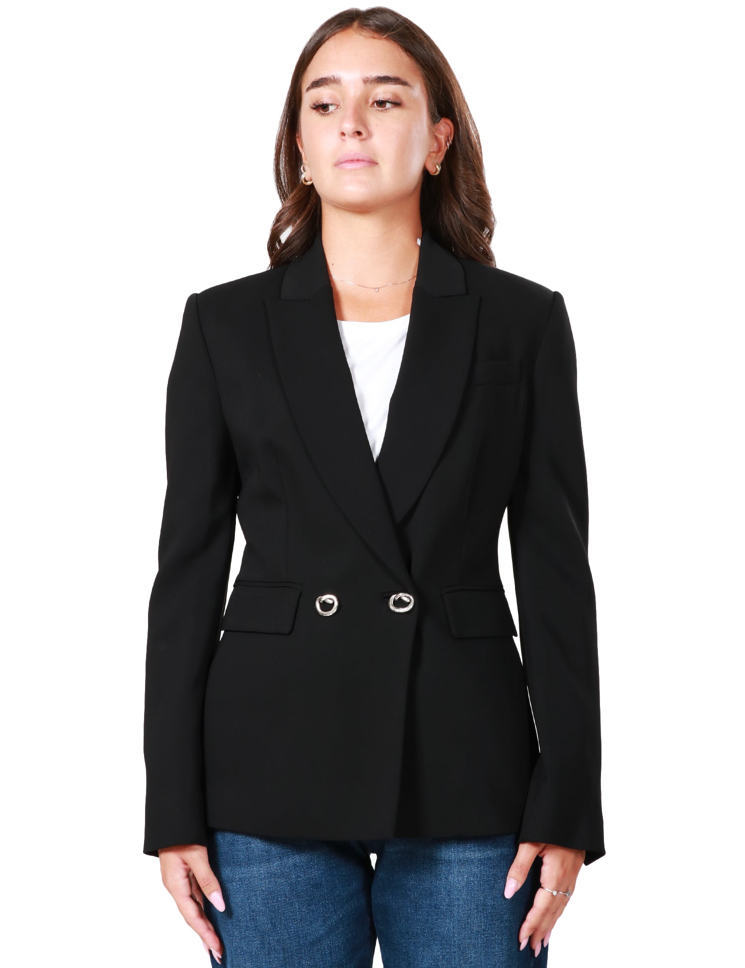 GIACCA BLAZER DONNA PINKO NERA DOPPIOPETTO CON BOTTONI IN METALLO A FORMA DI NODO E TASCHE CON PATTA, IN TESSUTO CADY TECNICO