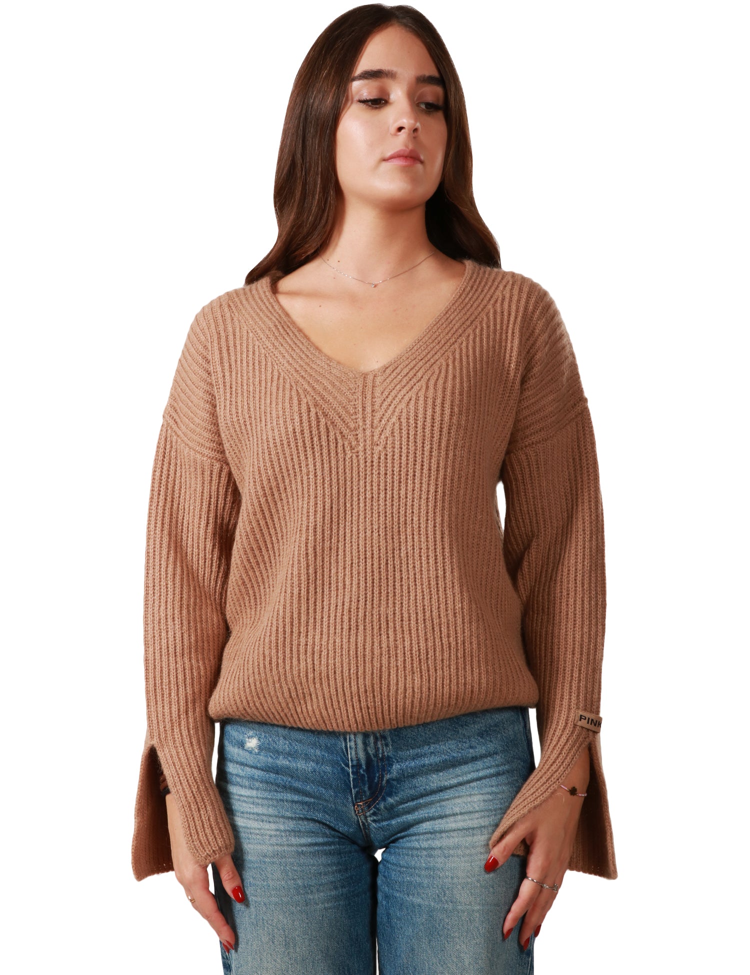 MAGLIONE DONNA PINKO KORAT BEIGE CON SCOLLO A V E SPACCO AL FONDO MANICA IN MAGLIA COSTE DI MISTO MOHAIR