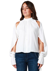 BLUSA DONNA PINKO VANIGLIA CIN COLLETTO IN PIEDI, CUT-OUT DAVANTI E MANICHE CON VOLANT APERTE, IN CRèPE DE CHINE MISTO SETA