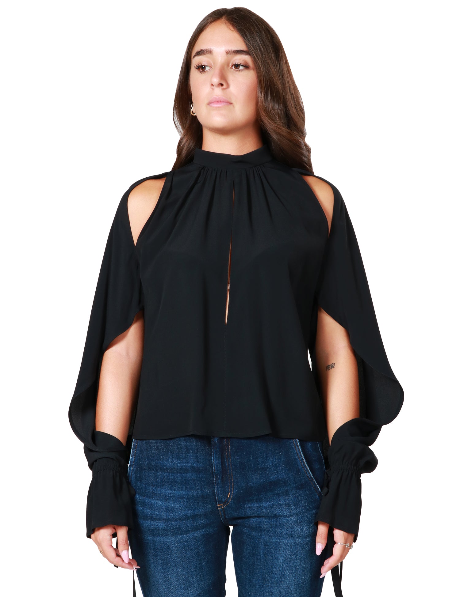 BLUSA DONNA PINKO NERA CON COLLETTO IN PIEDI, CUT-OUT DAVANTI E MANICHE CON VOLANT APERTE, IN CRèPE DE CHINE MISTO SETA