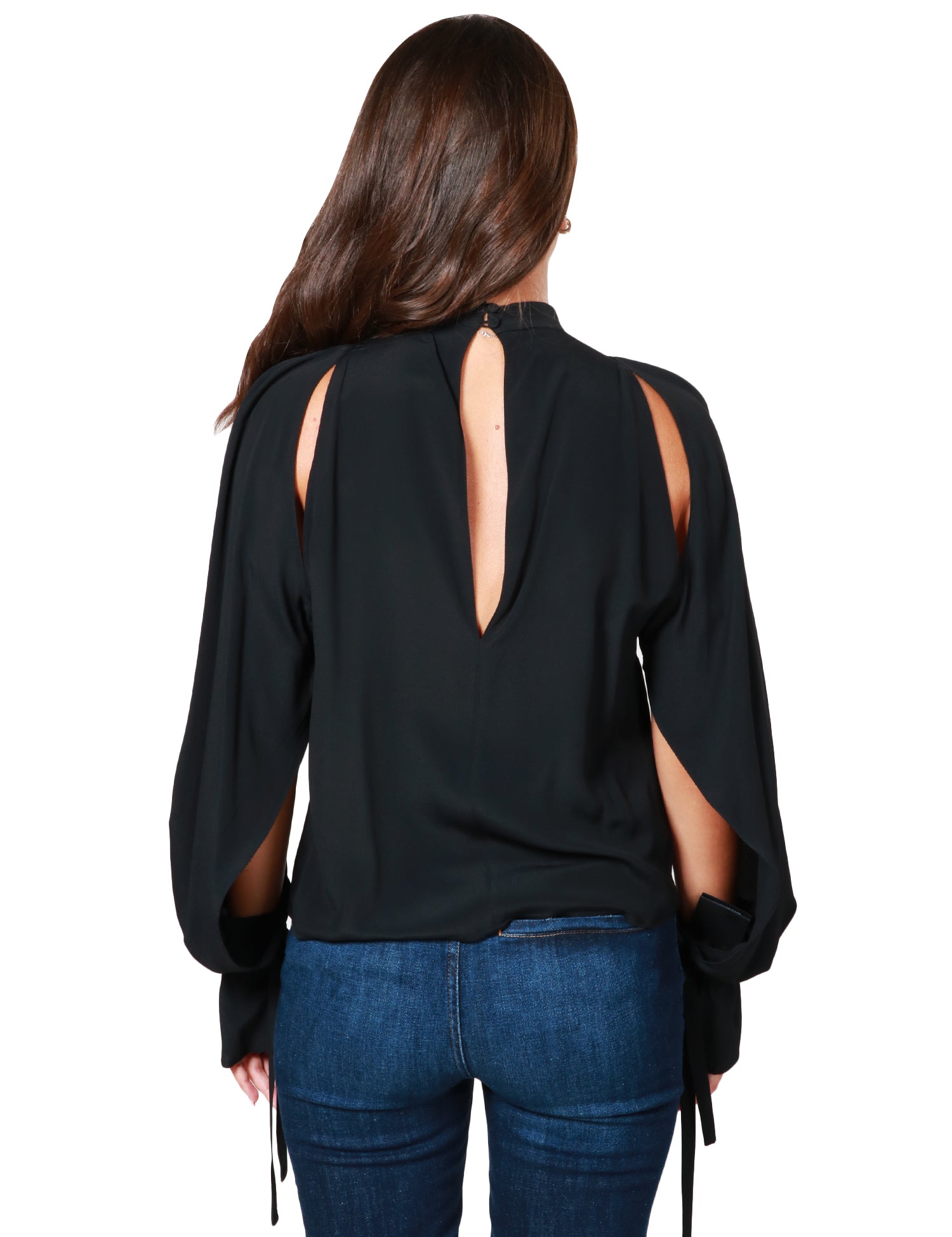 BLUSA DONNA PINKO NERA CON COLLETTO IN PIEDI, CUT-OUT DAVANTI E MANICHE CON VOLANT APERTE, IN CRèPE DE CHINE MISTO SETA