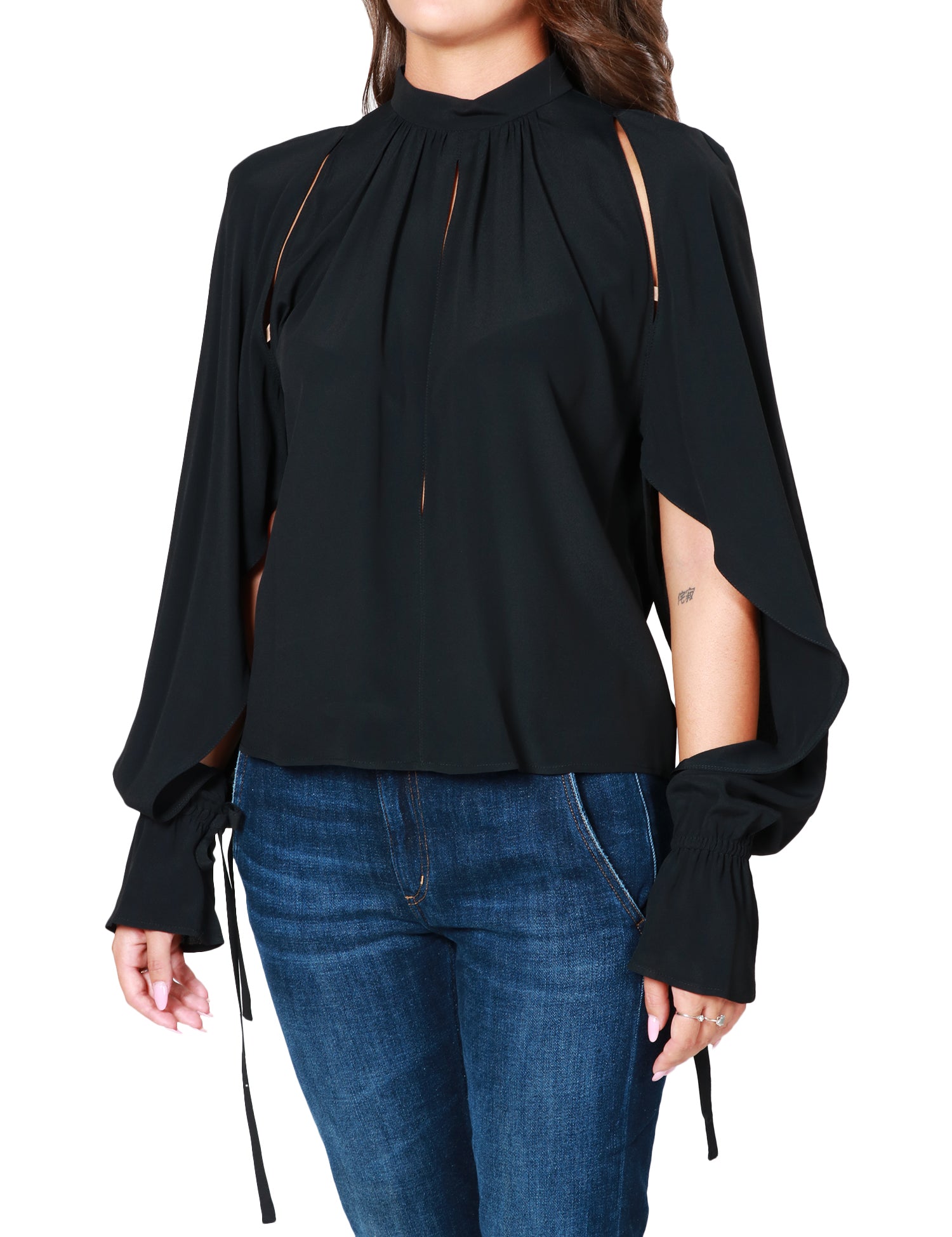 BLUSA DONNA PINKO NERA CON COLLETTO IN PIEDI, CUT-OUT DAVANTI E MANICHE CON VOLANT APERTE, IN CRèPE DE CHINE MISTO SETA