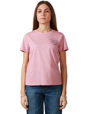 T-SHIRT DONNA PINKO NAMBRONE ROSA CON LOGO LOVE BIRDS IN PIETRE E STRASS SUL PETTO