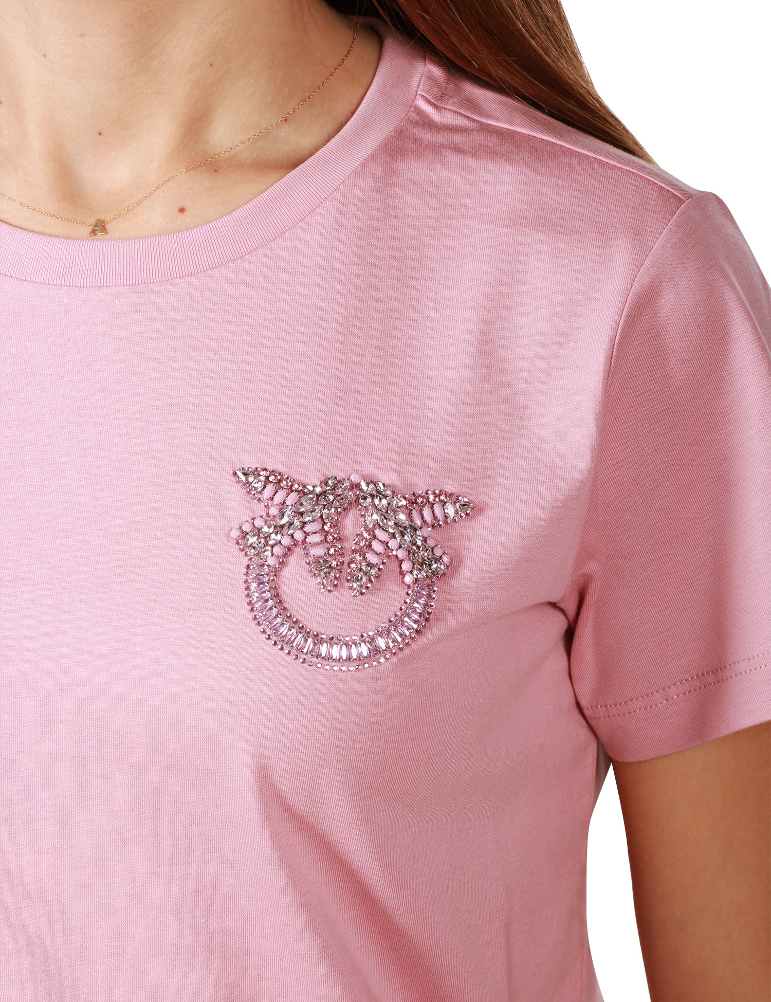 T-SHIRT DONNA PINKO NAMBRONE ROSA CON LOGO LOVE BIRDS IN PIETRE E STRASS SUL PETTO