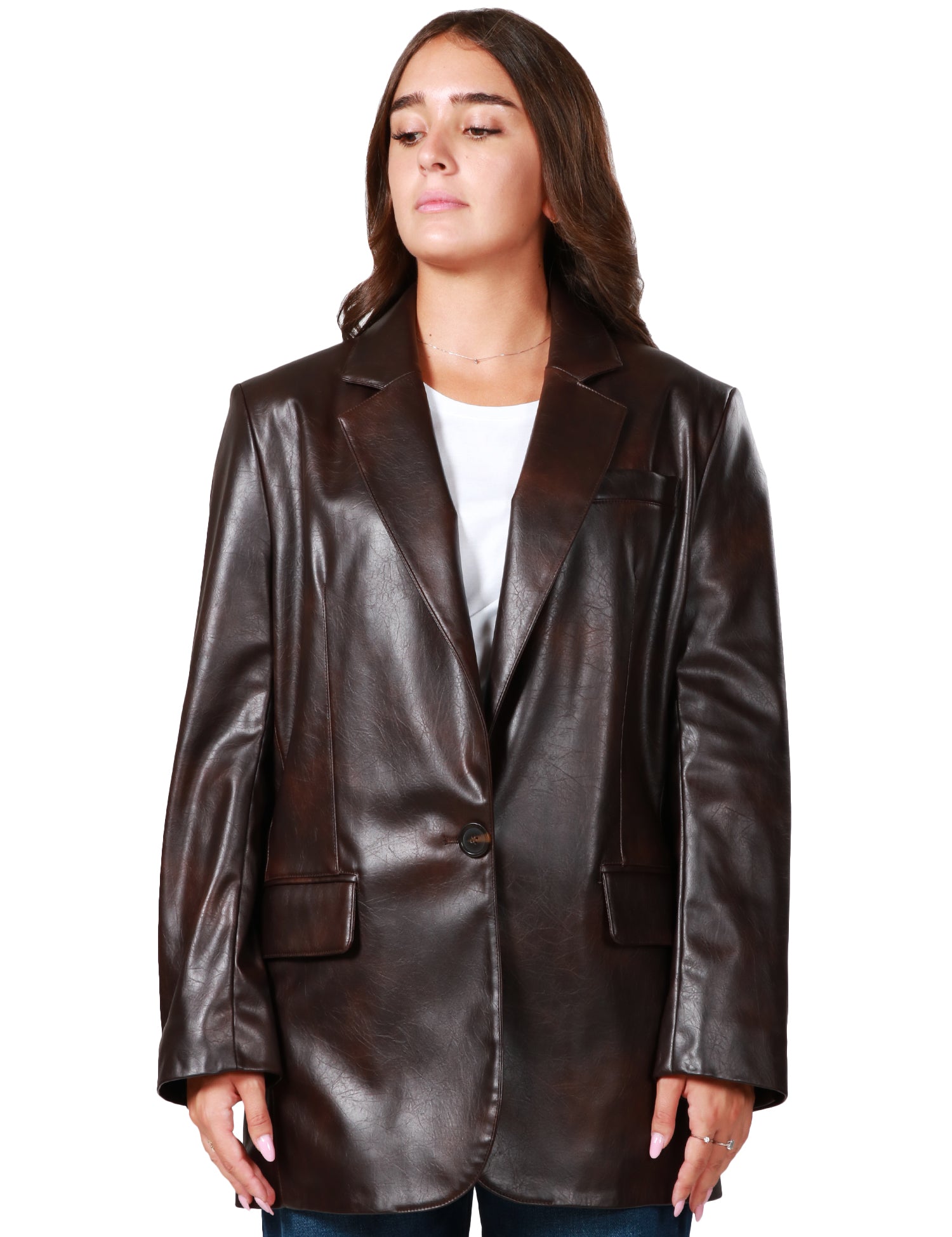 GIACCA BLAZER DONNA PINKO MARRONE MONOPETTO CON COLLO A REVER IN TESSUTO EFFETTO PELLE CON FINISHING INVECCHIATO