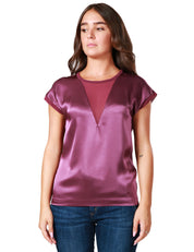 BLUSA DONNA PINKO VINO IN LUCIDO TESSUTO SATIN CON MANICA AD ALETTA E INSERTO IN GEORGETTE SEMITRASPARENTE DAVANTI