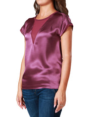 BLUSA DONNA PINKO VINO IN LUCIDO TESSUTO SATIN CON MANICA AD ALETTA E INSERTO IN GEORGETTE SEMITRASPARENTE DAVANTI