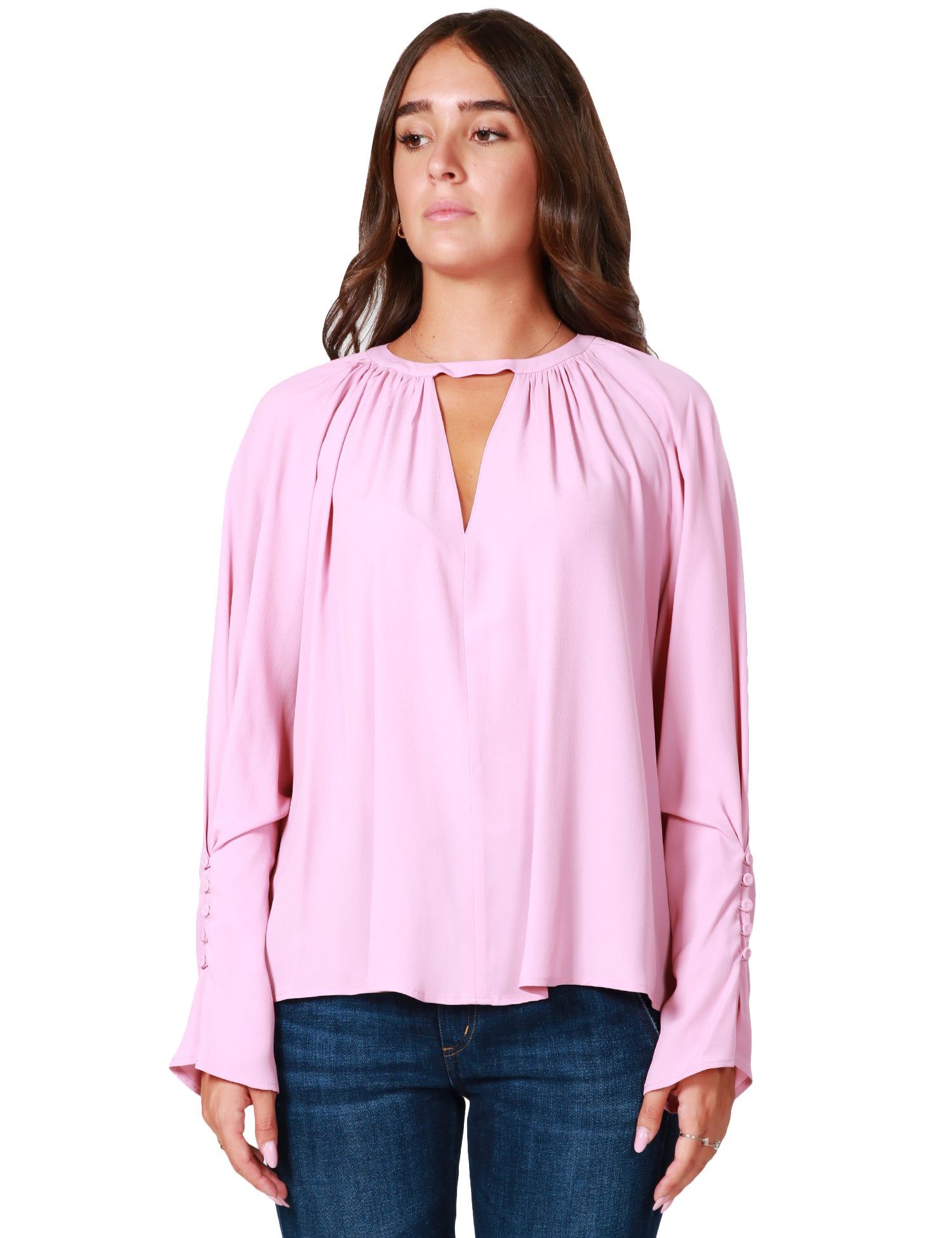 BLUSA DONNA PINKO ROSA ANTICO CON APERTURA A V DAVANTI E MANICHE RAGLAN IN CRèPE DE CHINE MISTO SETA