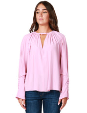 BLUSA DONNA PINKO ROSA ANTICO CON APERTURA A V DAVANTI E MANICHE RAGLAN IN CRèPE DE CHINE MISTO SETA