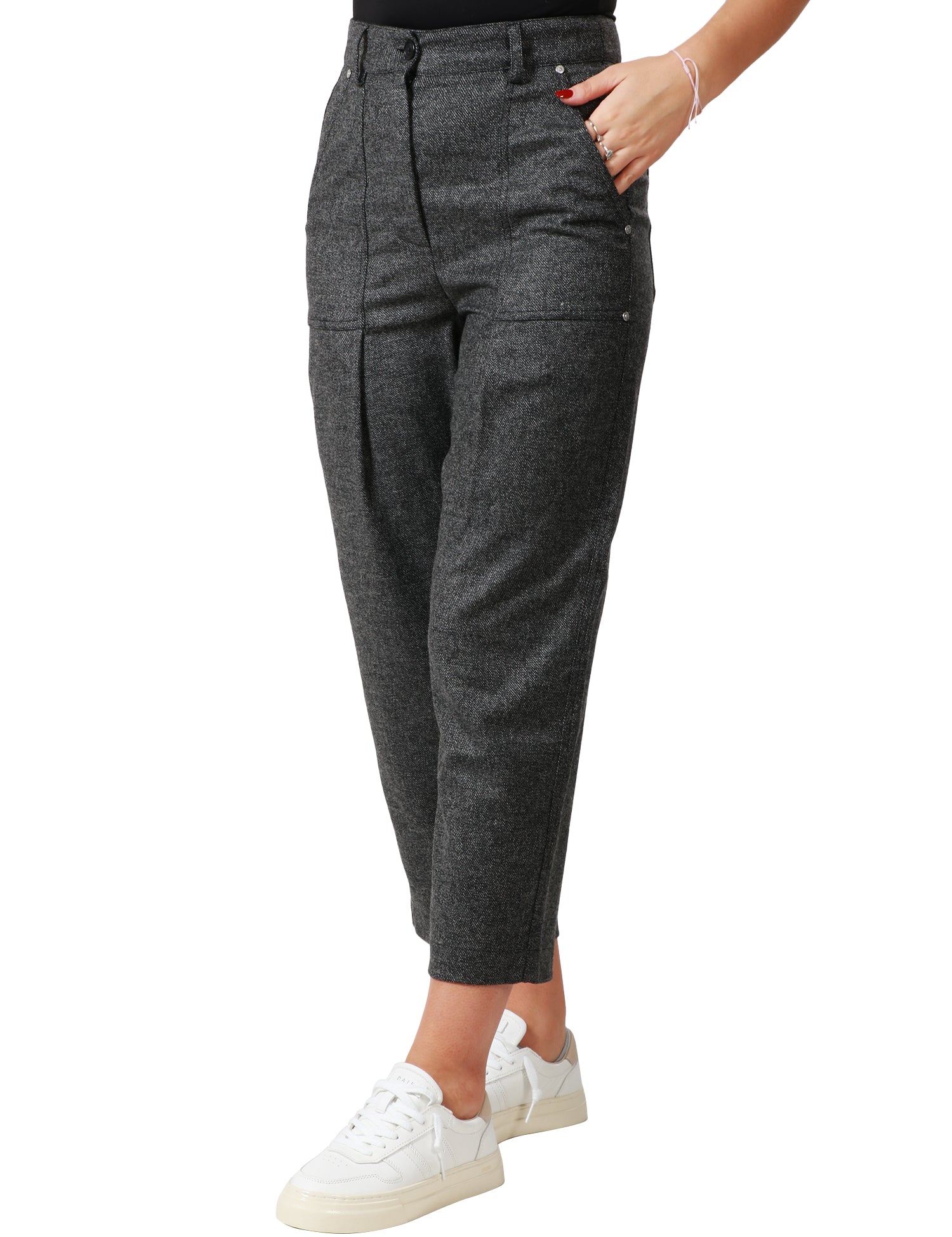 PANTALONE DONNA PINKO SCIVOLO NERO/GRIGIO CROPPED IN FLANELLA CON PINCES