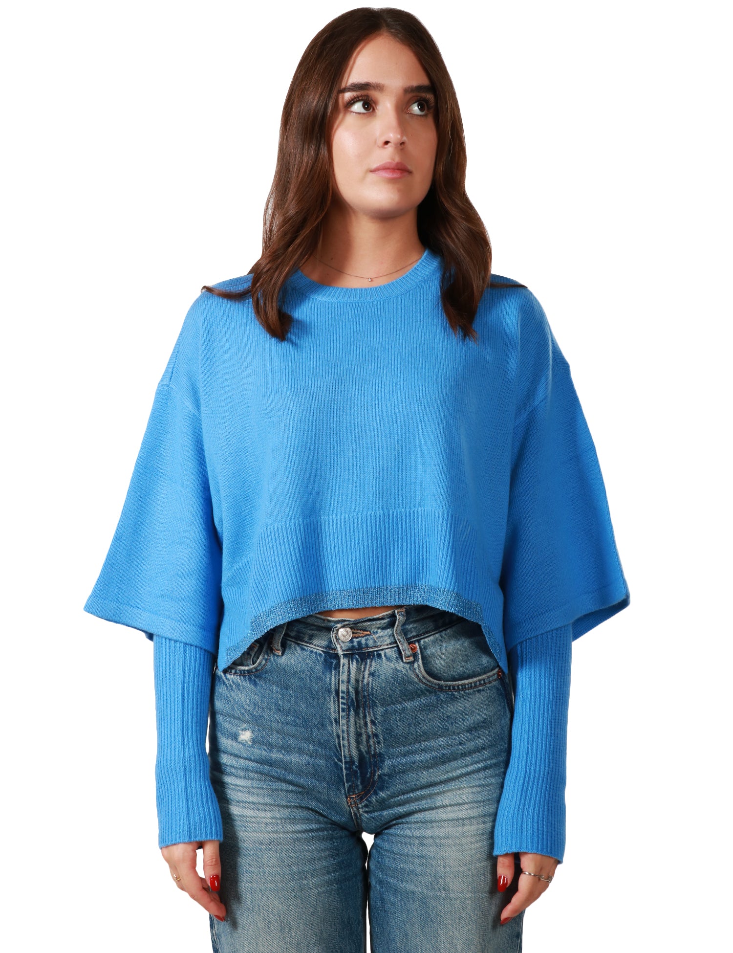 MAGLIA DONNA PINKO SORBATO CELESTE A SCATOLA CON MANICOTTI IN MISTO LANA E CASHMERE