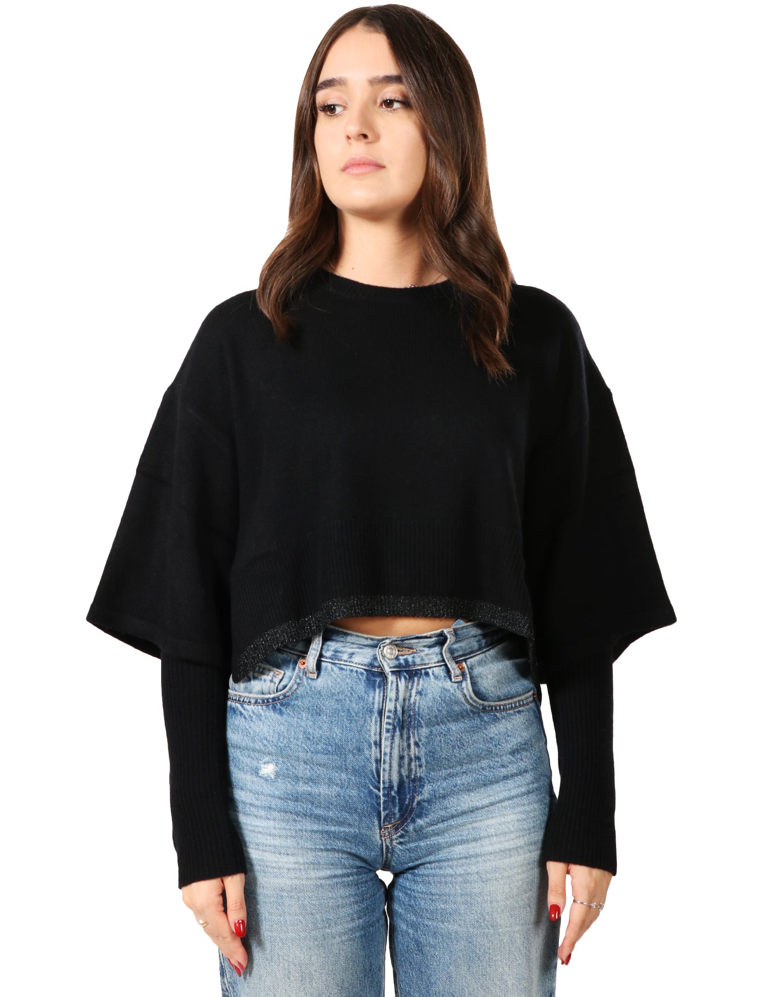 MAGLIA DONNA PINKO SORBATO NERA A SCATOLA CON MANICOTTI IN MISTO LANA E CASHMERE