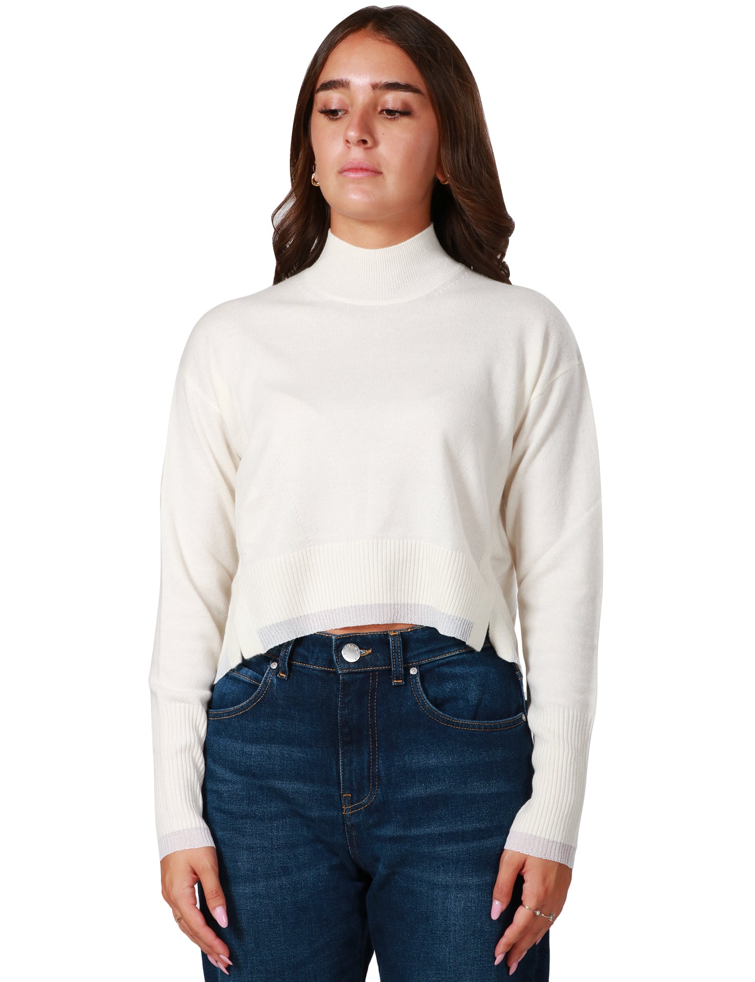 MAGLIONE DONNA PINKO BIANCO A COLLO ALTO CON BORDI IN MAGLIA A COSTINE LUREX E ORLO CON SPACCHI LATERALI IN MISTO LANA E CACHEMIRE