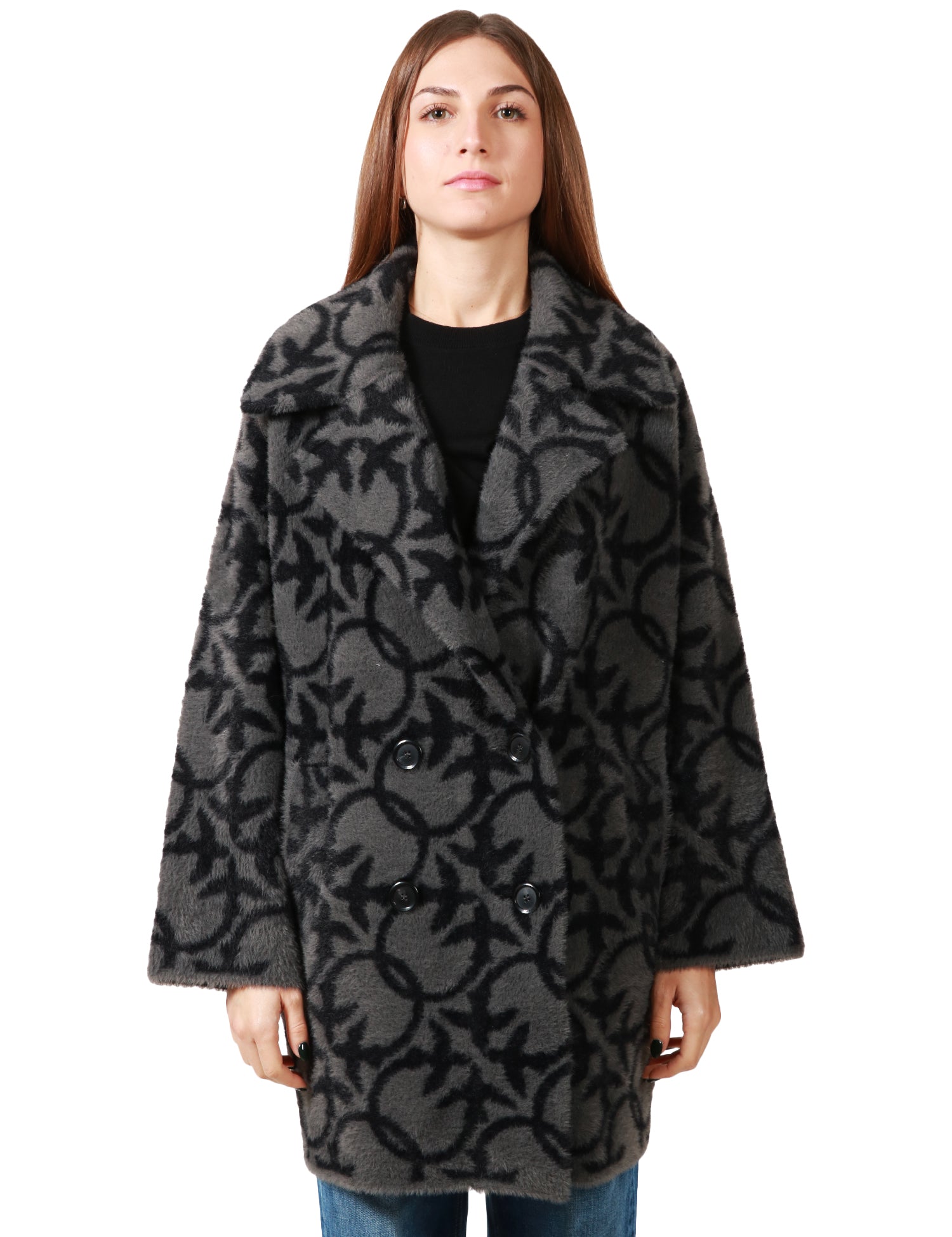 CAPPOTTO DONNA PINKO TORO GRIGIO/NERO DOPPIOPETTO IN SIMILPELLICCIA LOGATA